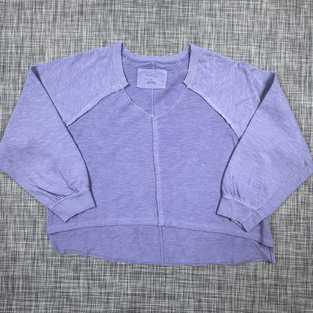 Pilcro Womens XL V-Neck Sweatshirt Purple Exposed Seam Raglan Sleeve Cotton Top